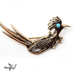 Vintage 2" Road Runner Pin Brooch Textured Gold Metal w Blue Bead Eye - Hey Viv